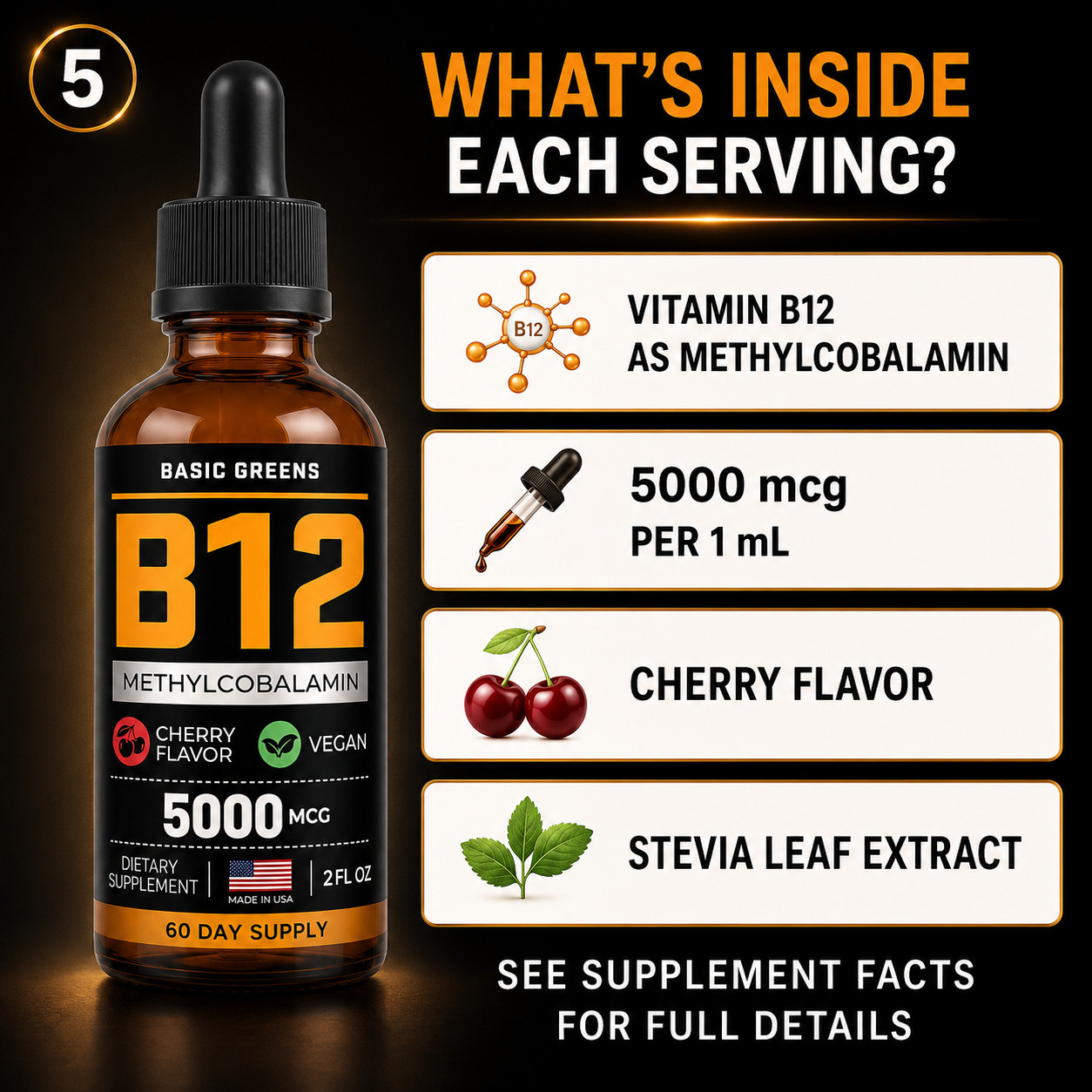 BASIC GREENS B12 Liquid Drops 5000mcg Sublingual Methylcobalamin Vegan 2oz