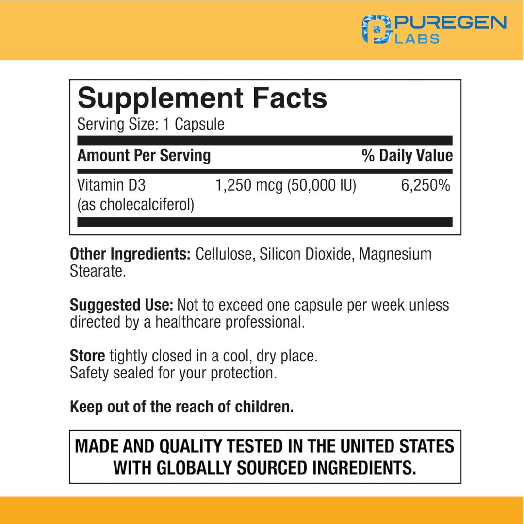 Puregen Labs Vitamin D3 50000 IU 100 Capsules Weekly Bone Immune Support