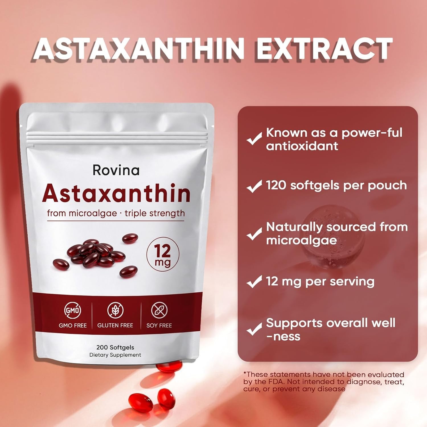 Rovina Astaxanthin, Baleno Astaxanthin 12Mg Antioxidant Supplement for Daily Wel