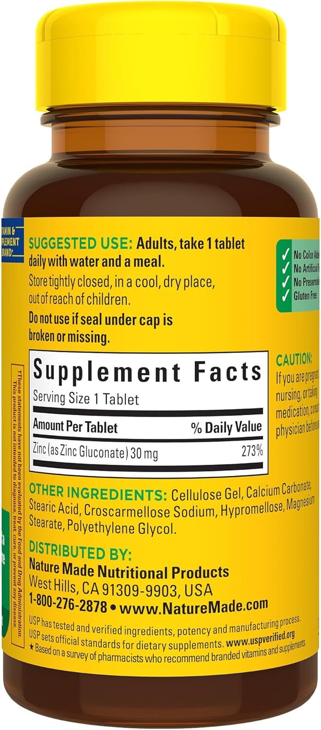 Nature Made Zinc 30 mg Dietary Supplement Immune Health and Antioxidant 100 Tabs