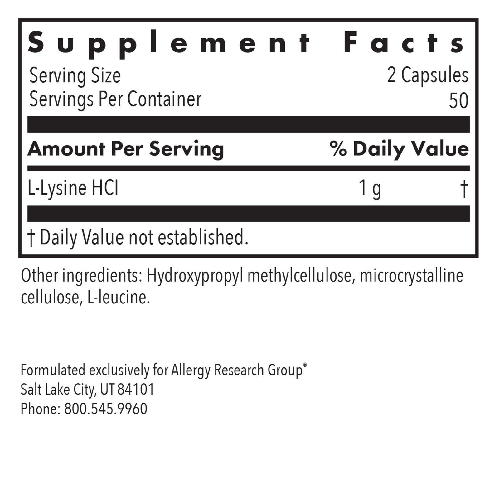 Allergy Research Group LLysine Delivers 500 mg FreeForm Amino Acid Supports…