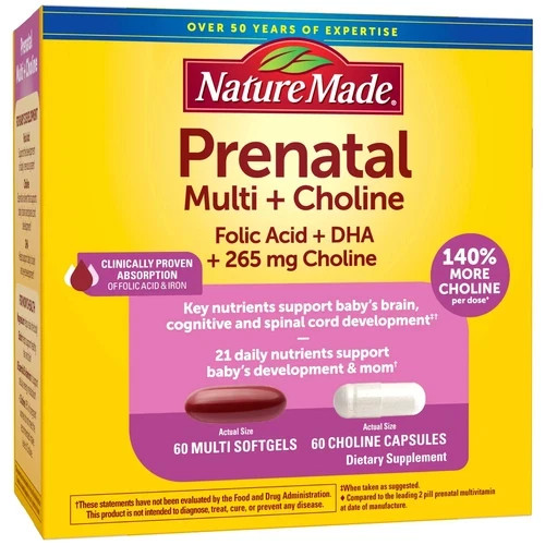 Nature Made Prenatal Multi Choline Folic Acid DHA 60+60 Count ~ Exp 10/2025