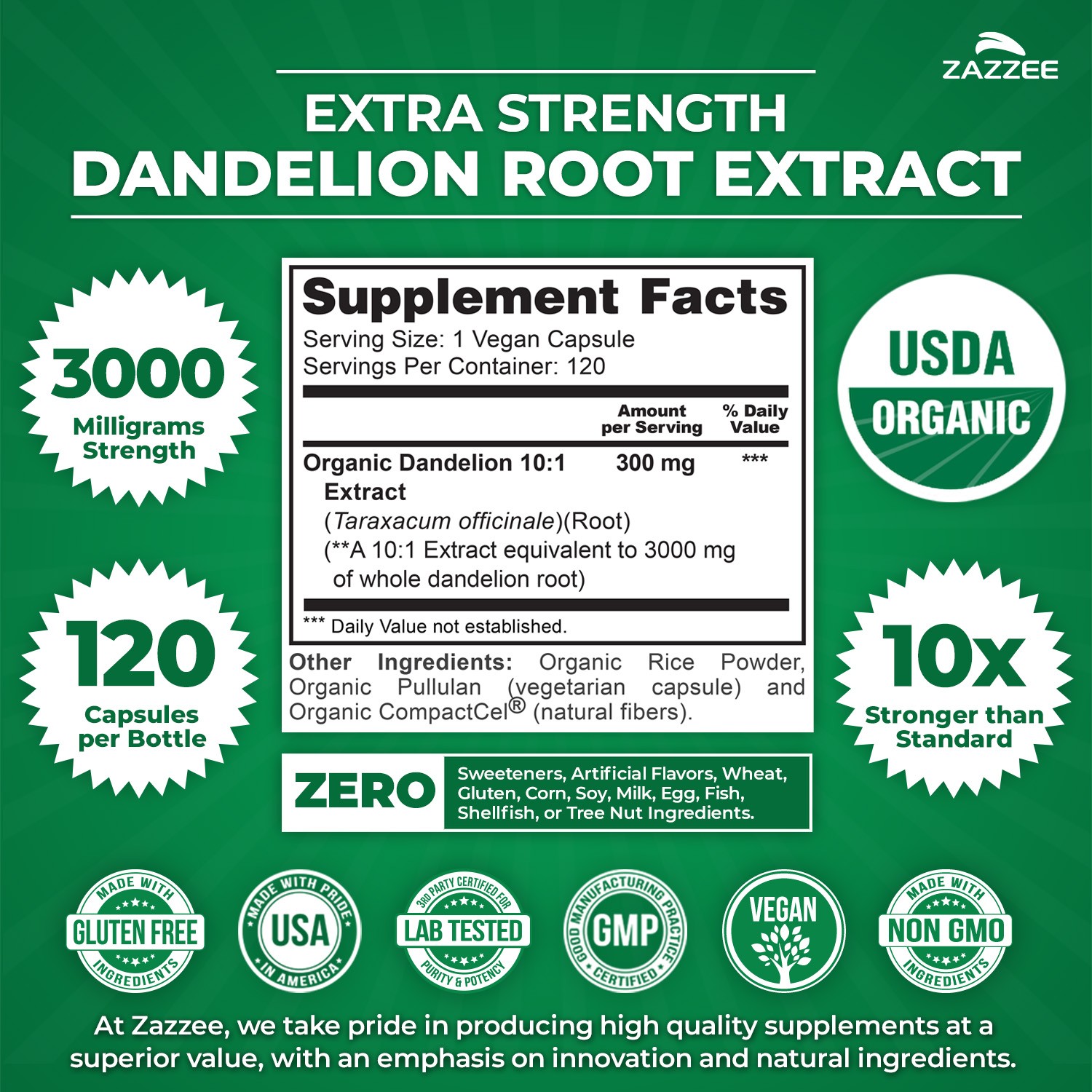Zazzee USDA Organic Dandelion Root 10:1 Extract, 3000 mg Strength, 120 Capsules