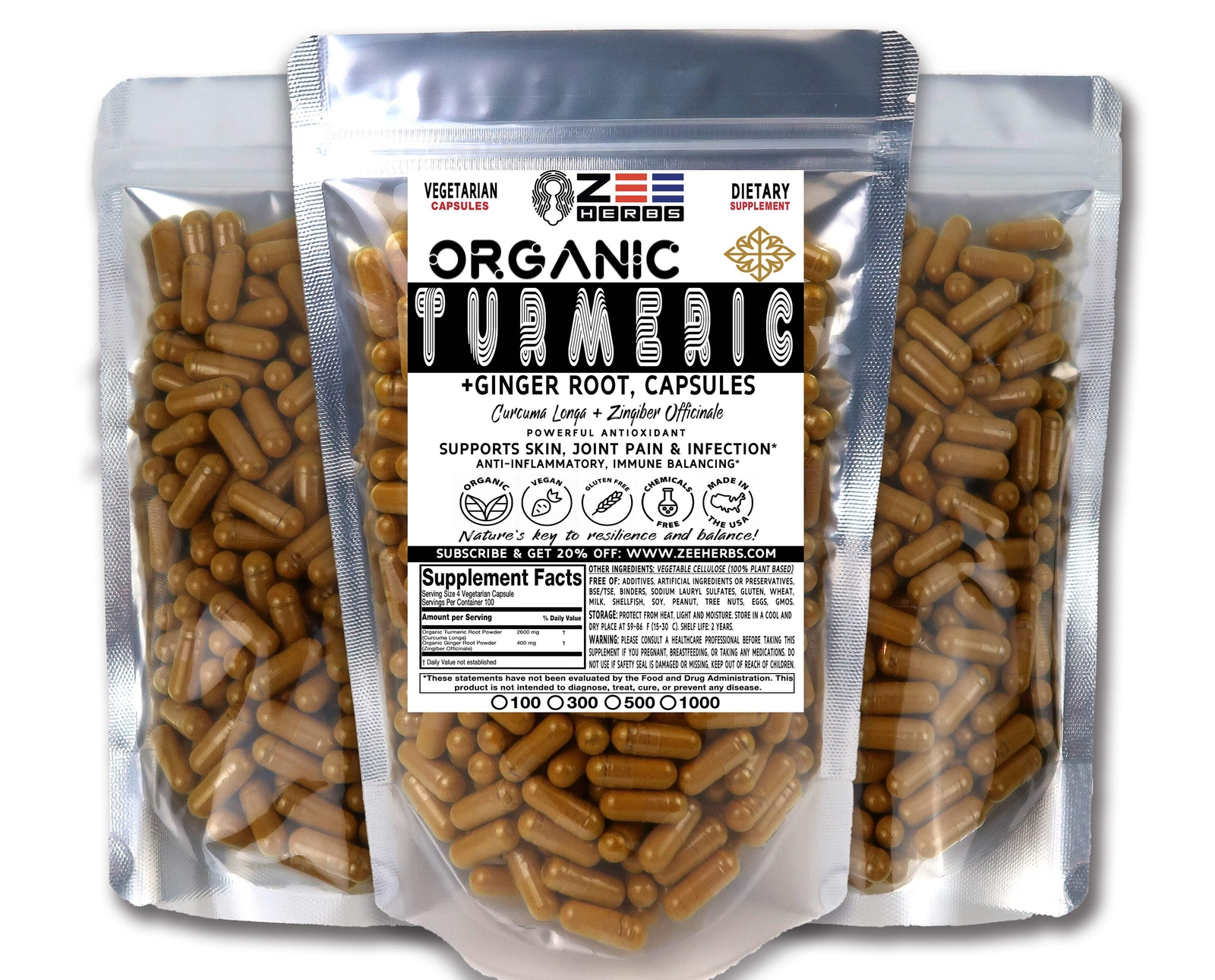 Turmeric Ginger Capsules – 3000mg of Natural Pure Organic Herbal Supplement