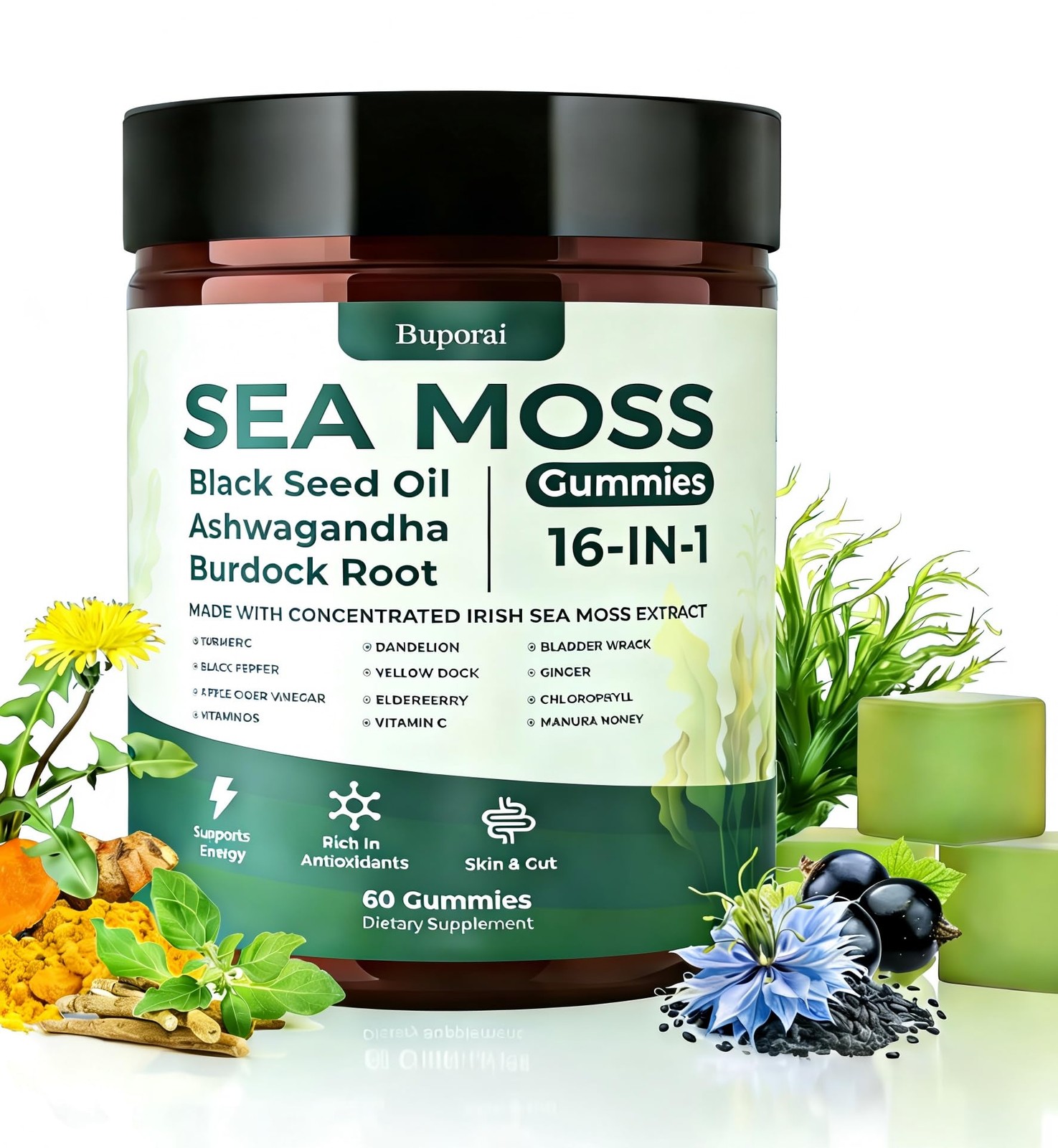 Buporai Sea Moss Gummies 16-1, Black Seed Oil Ashwagandha Turmeric Bladder Wrac