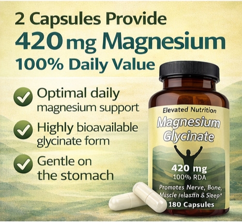2 Pack Magnesium Glycinate 420mg, 100% RDA, High Absorption, Elevated Nutrition