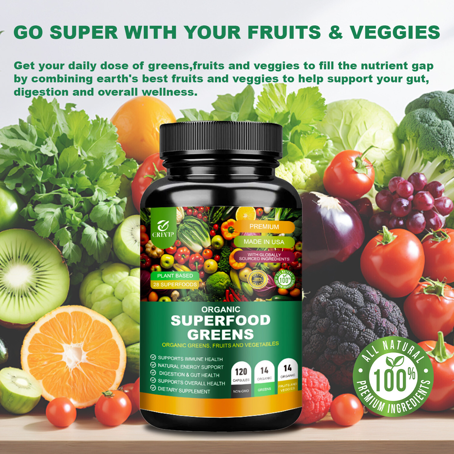 120pcs Organic Superfood Greens – Includes Greens, Fruits & Veggies-Boost Energy