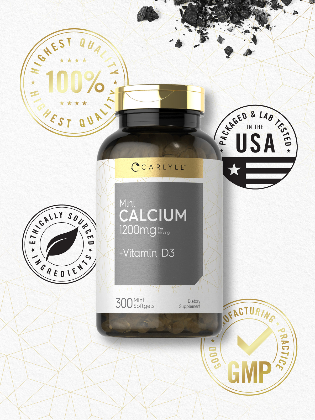 Calcium with Vitamin D3 | 1200mg | 300 Mini Softgels | Non-GMO | by Carlyle