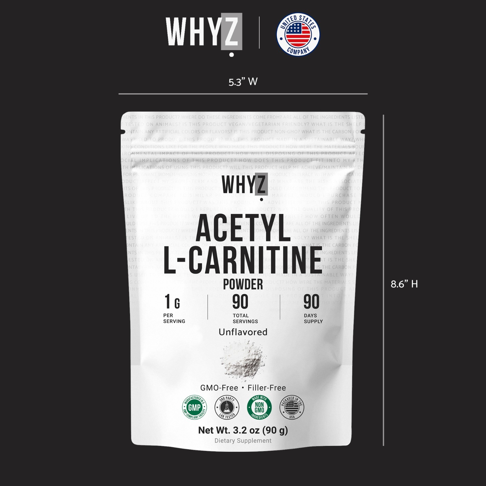 Whyz Pure Acetyl L-Carnitine Powder with Smooth Texture for Easy Mixing, 3.2 oz
