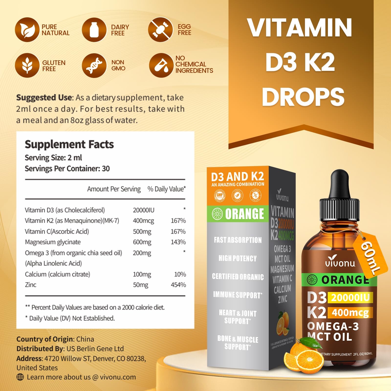 Vitamin D3 K2 Drops, 20000 IU & 2 Fl Oz (Pack of 1), 2 1)