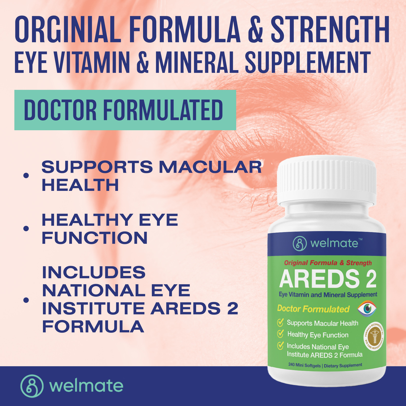 WELMATE AREDS 2 Eye Vitamin & Mineral Supplement, 240 Softgels Exp 6/27