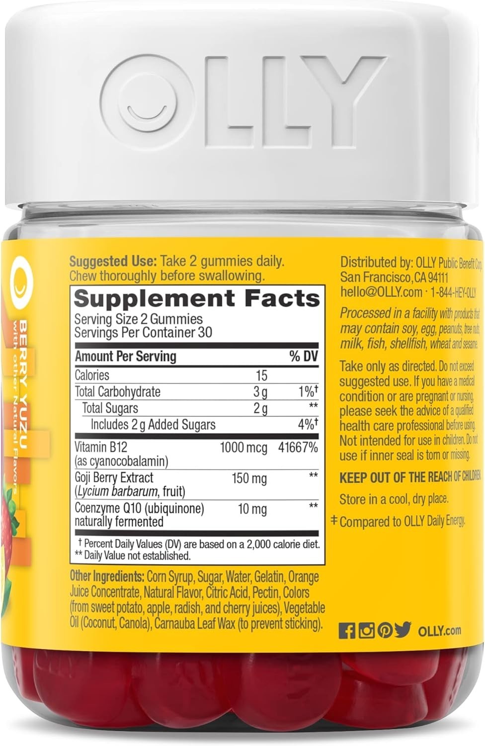 OLLY Extra Strength Daily Energy Gummy, Caffeine Free, 1000mcg Vitamin B12 60 Ct