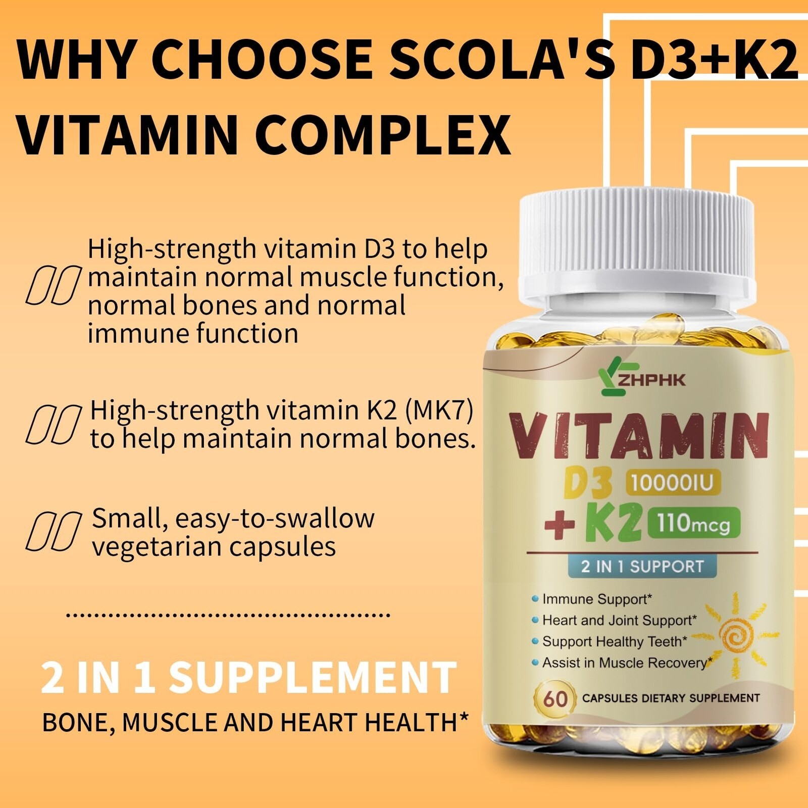 Powerful Vitamin D3 K2 Capsules Extra Strength Supplements with 10000 IU Softgel