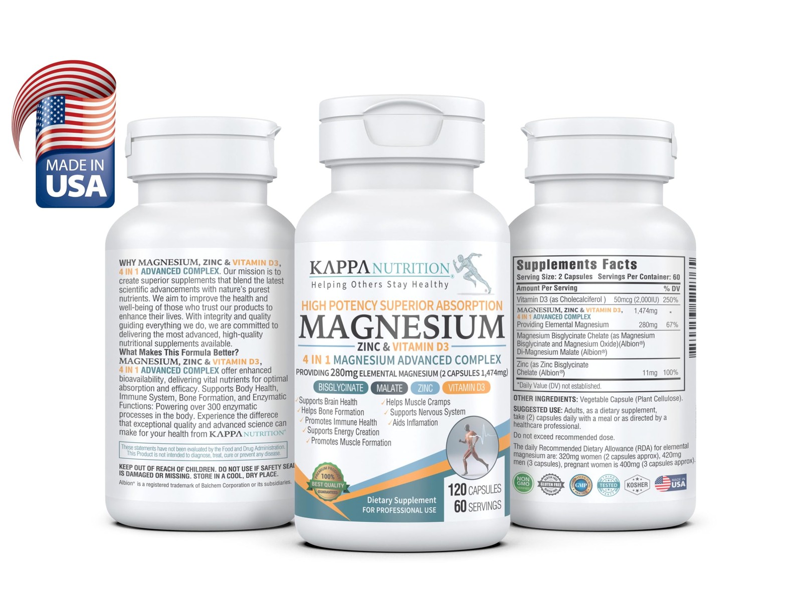 Kappa Nutrition Magnesium 4-in-1, 280mg Elemental 120 Count (Pack of 1)