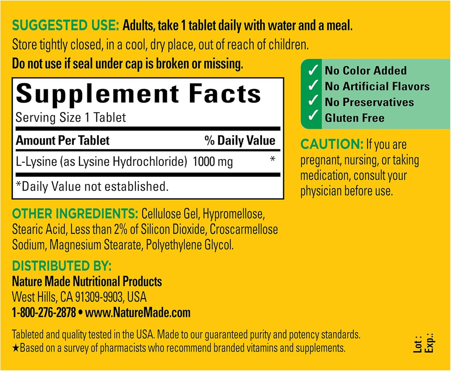 Nature Made L-Lysine 1000mg Extra Strength Protein Synthesis 60ct Pack of 3