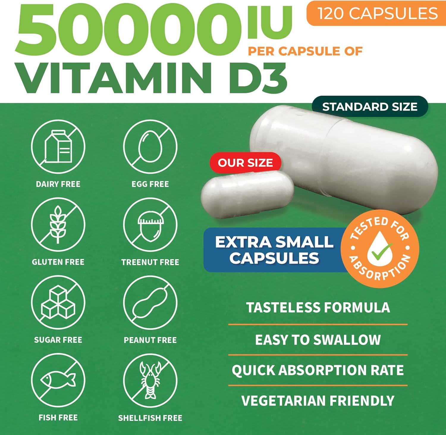 Vitamin D3 50000 IU – Bone Health and Immune Support – Small Easy to Swallow Cap