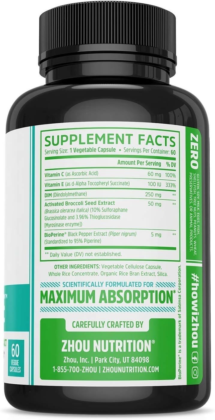 Zhou DIM Active 250mg Diindolylmethane 60 Vegan Capsules Hormone Support 11/28^