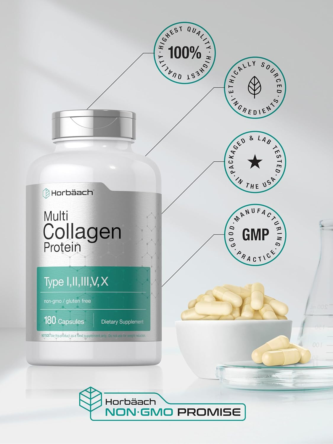 Multi Collagen Protein 2000 Mg | 180 Capsules | Hydrolyzed Collagen Type I, II,