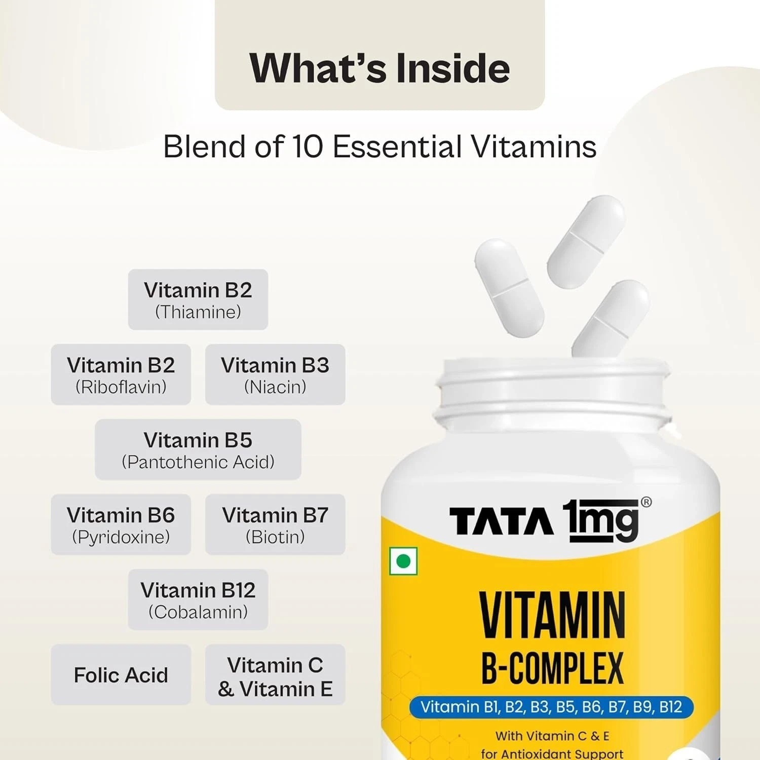 Tata 1mg Vitamin B Complex Capsules with, B1,B2,B3,B5,B6,Biotin (Pack of 60) A86