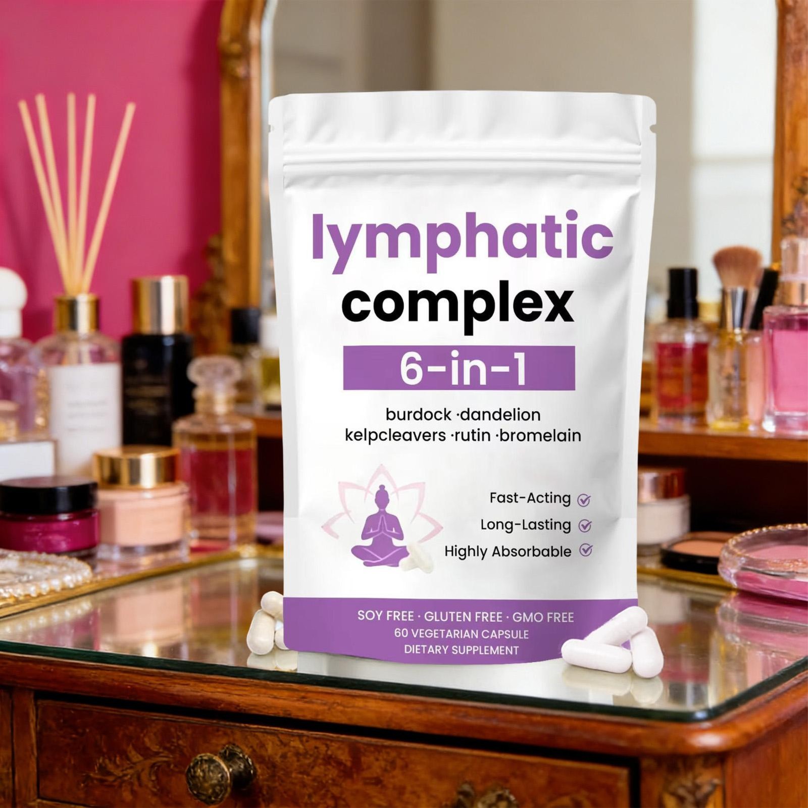 6-in-1 Lymphatic Complex Drainage Supplement Dandelion Burdock Bromelain