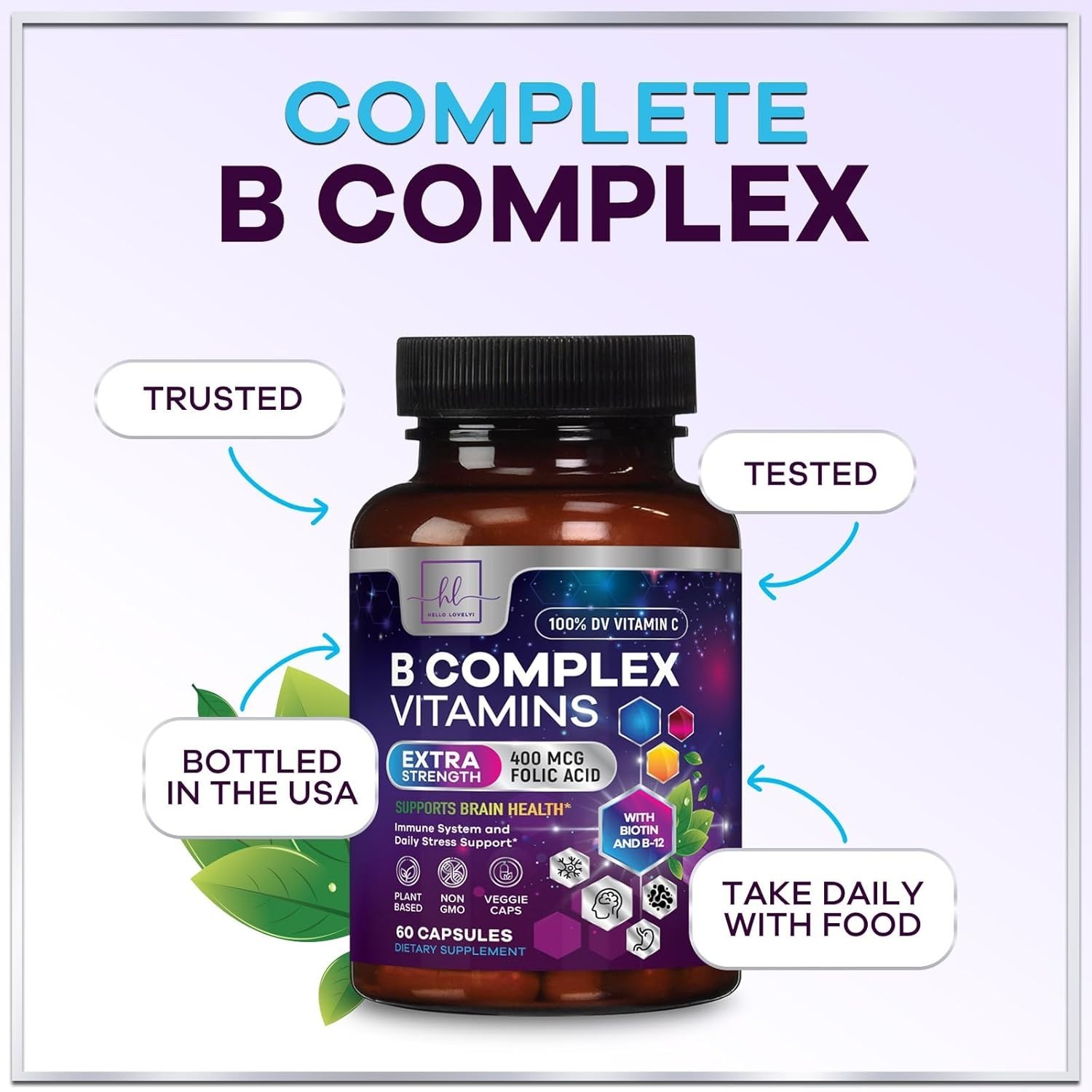 B Complex Vitamin Supplement 1000mcg – 3X Strength with Vitamin C & Folic Acid