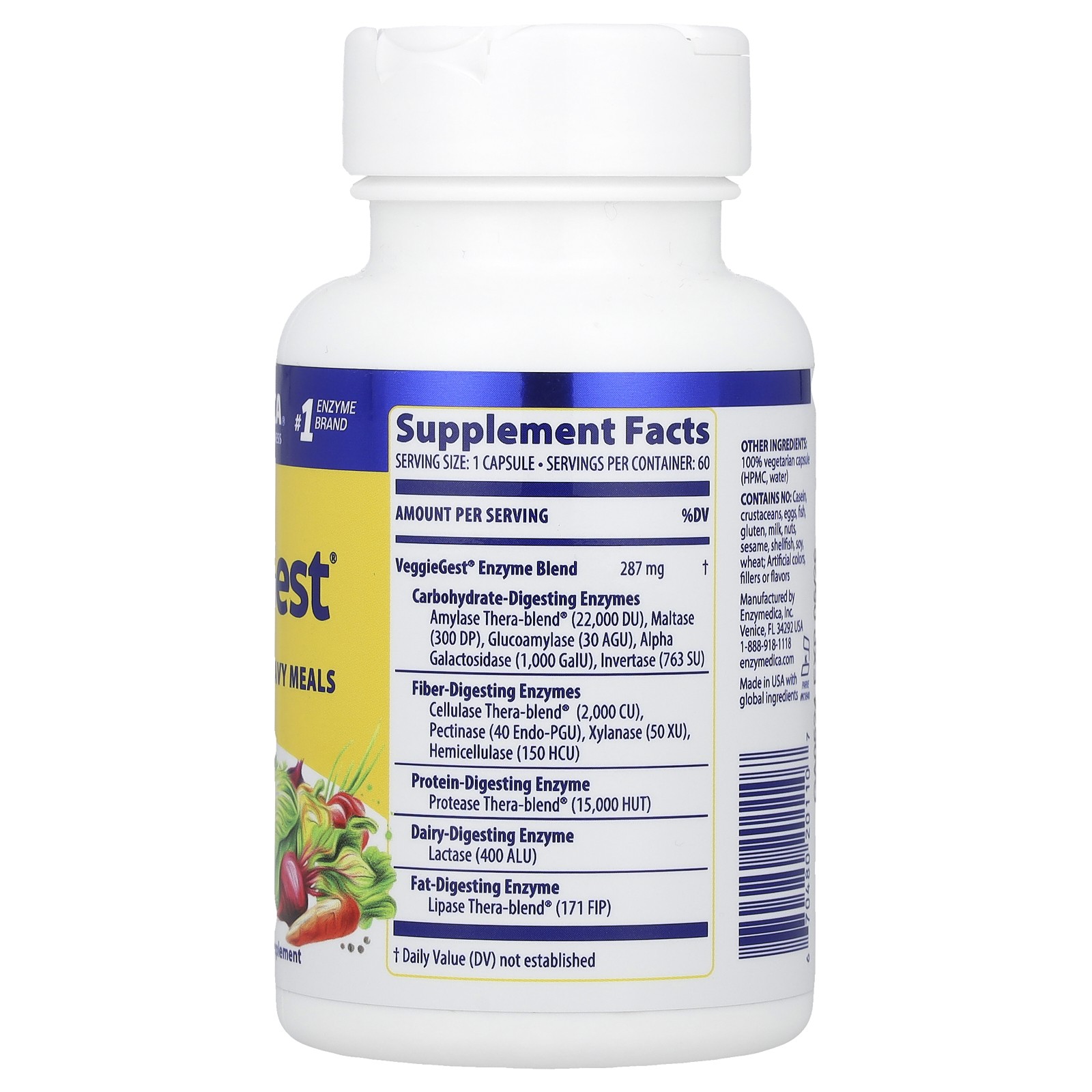 Enzymedica VeggieGest 60 Capsules Casein-Free, Dairy-Free, Egg-Free,