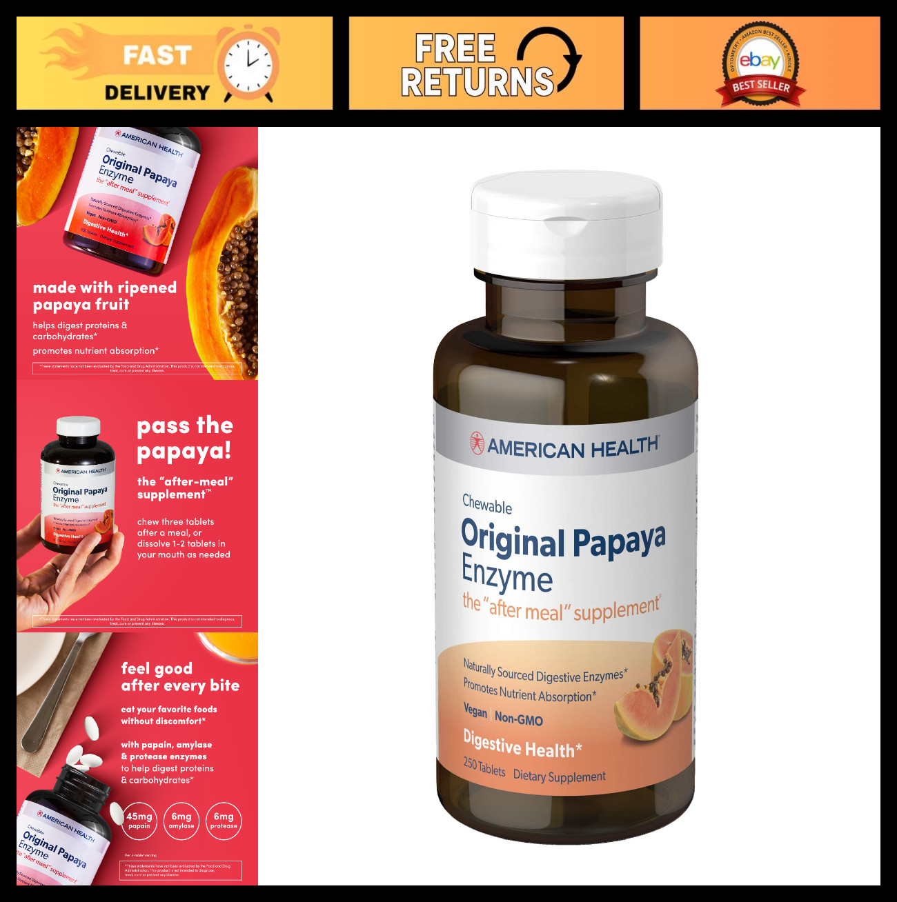 Chewable Papaya Enzyme 250 Tablets – Digestive Health, Natural Relief, Chewable