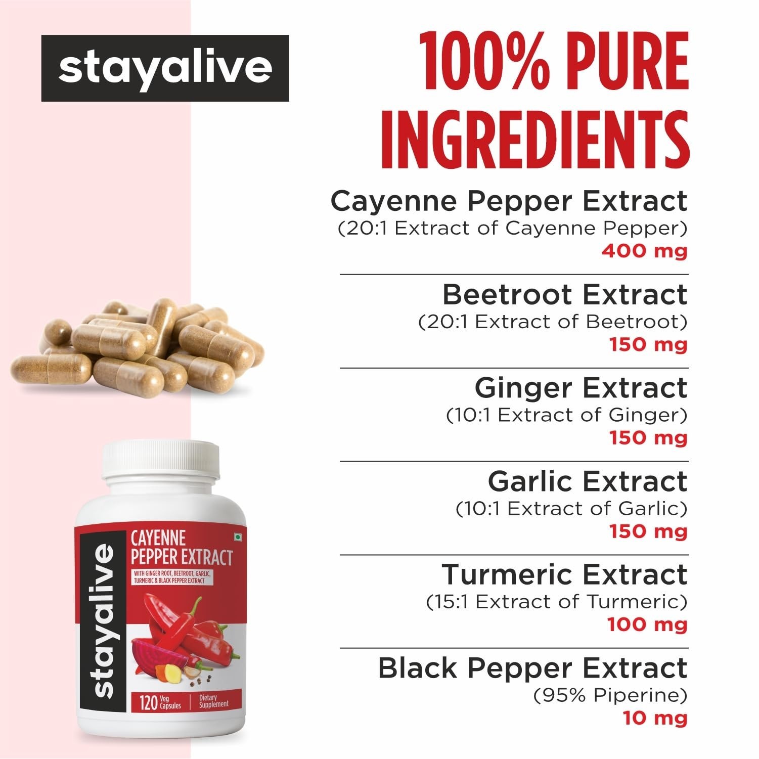 Cayenne Pepper Capsules, 6-in-1 Capsicum Blend w/Ginger, Garlic, Turmeric, Beet