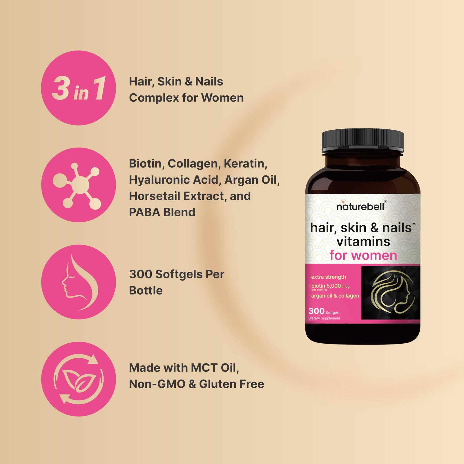 NatureBell Hair, Skin & Nails* Vitamins for Women – 300 Count (Pack of 1)