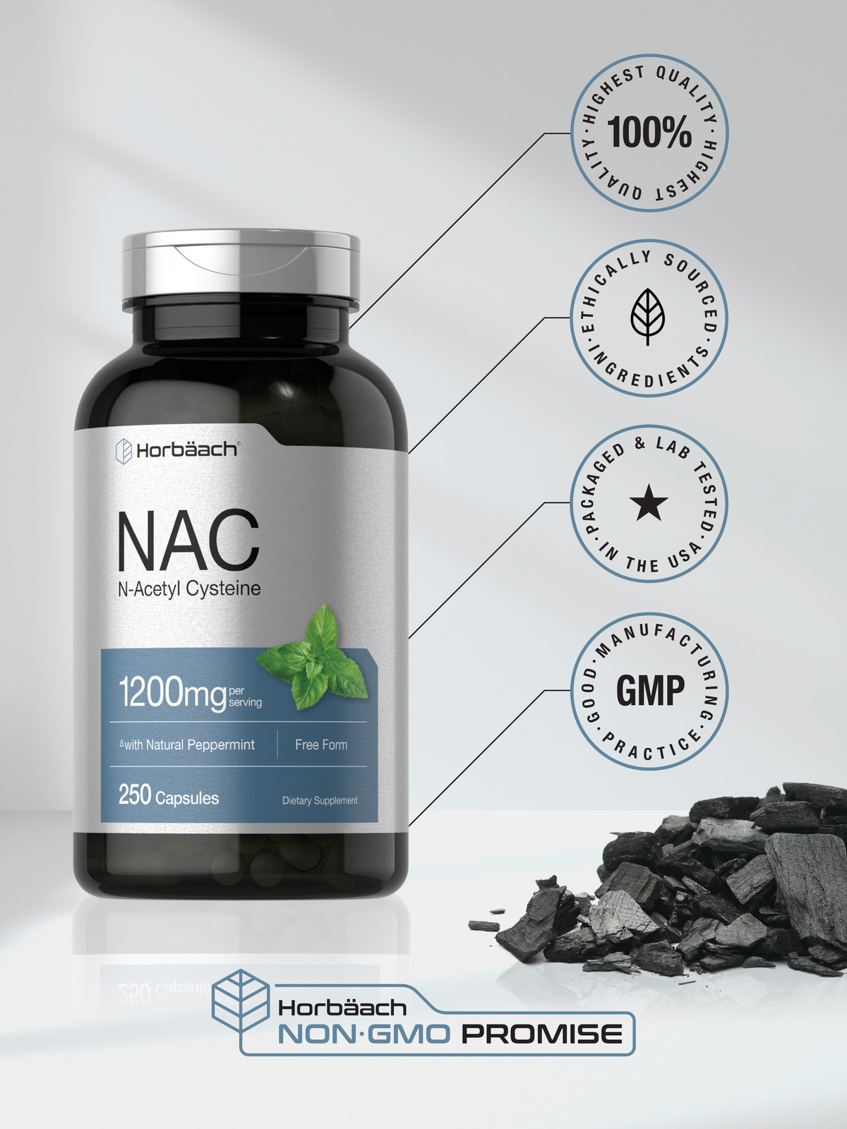 NAC N Acetyl Cysteine 1200mg | 250 Caplets | Non-GMO, Gluten Free | by Horbaach