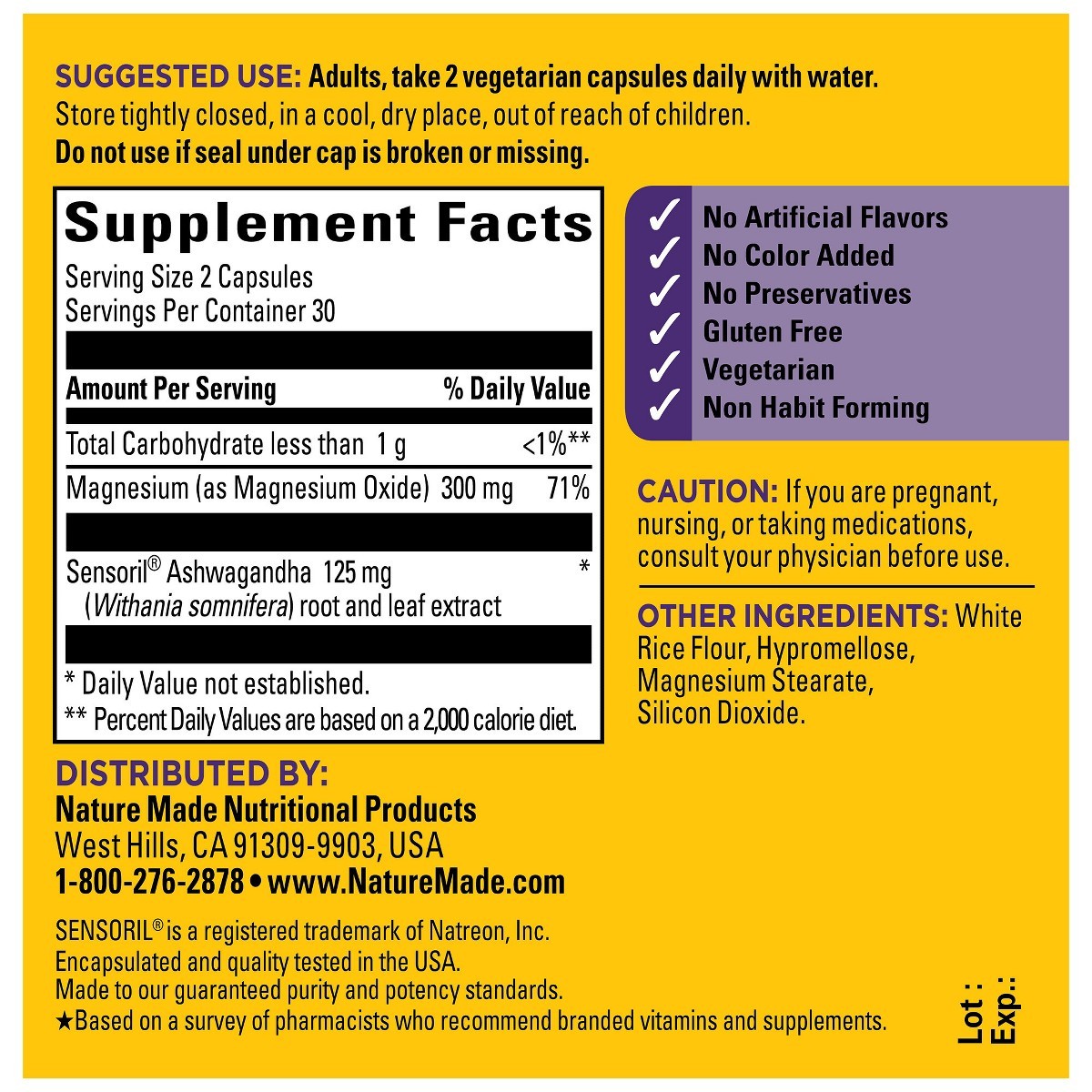 Nature Made Magnesium + Ashwagandha Capsules, Stress Relief + Sleep Support-60ct
