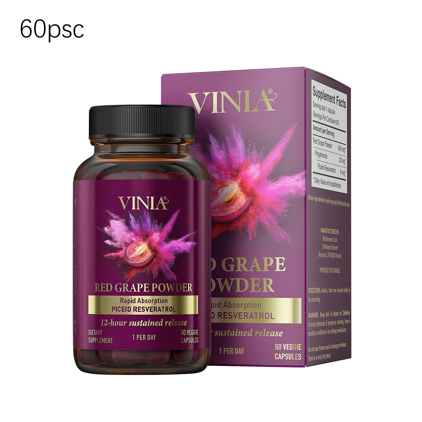 Vinia Red Grape Powder Rapid Absorbtion Piceid Resveratrol 30 Veggie Capsul New