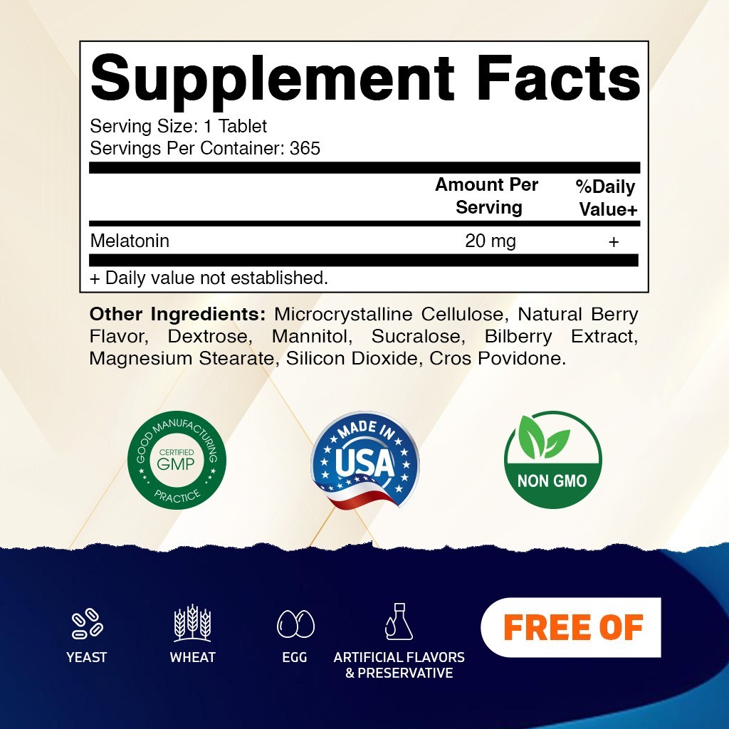 Vitamatic Melatonin 20mg – 1 Year Supply | Natural Berry Flavor – 365 Tablets