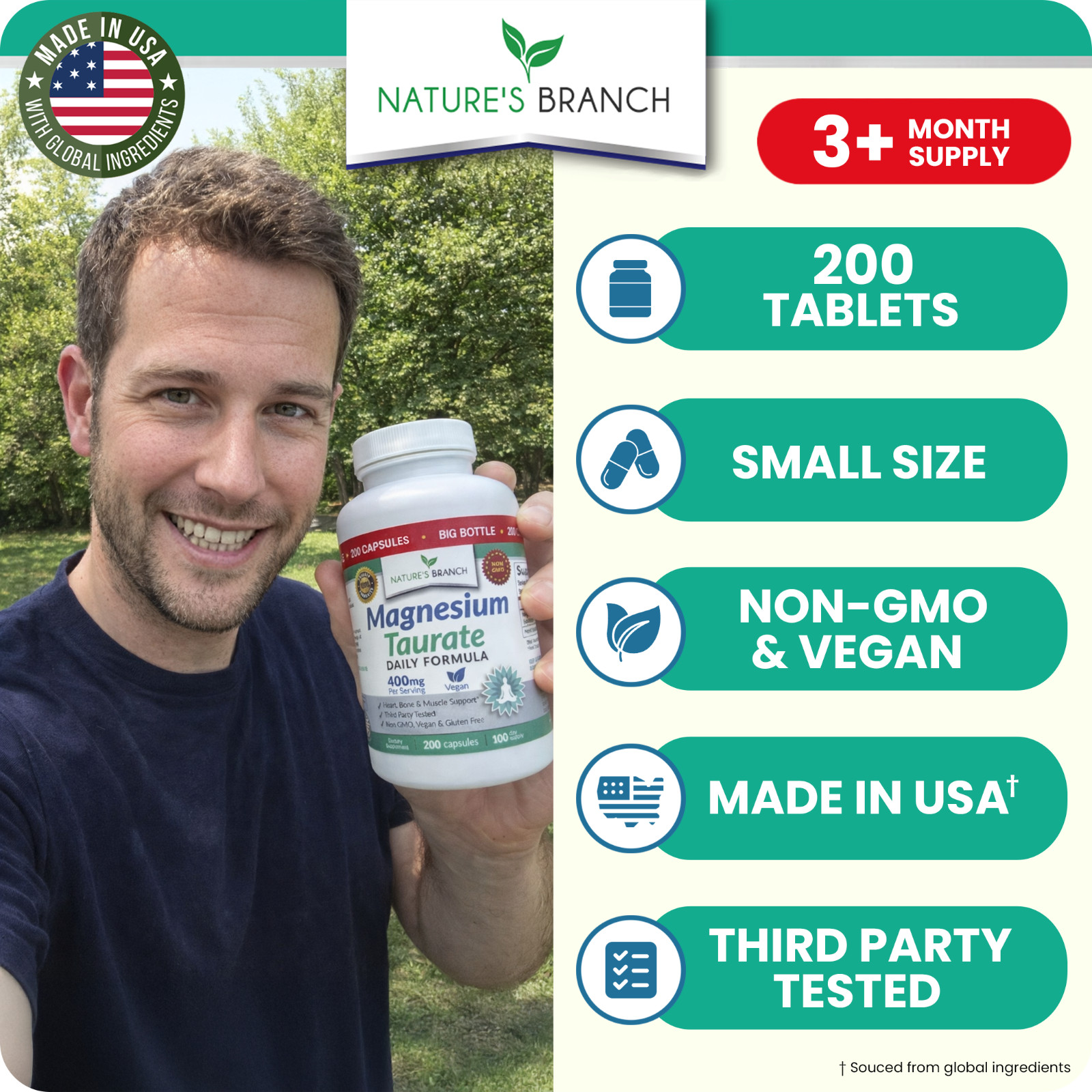 MAGNESIUM TAURATE 400 MG – 200 Casules – High Absorption | Non-GMO | Made in USA