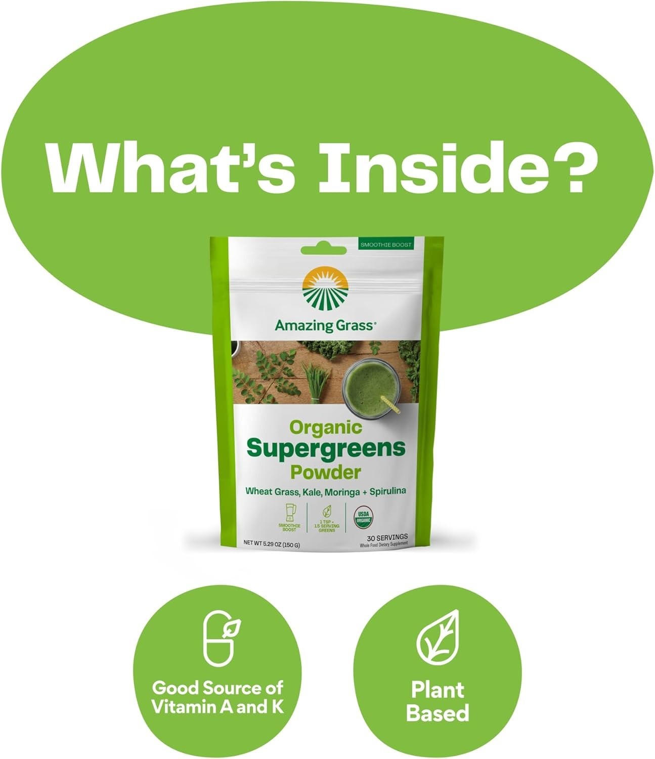 Super Greens Powder with Spirulina & Moringa – 5.29 oz
