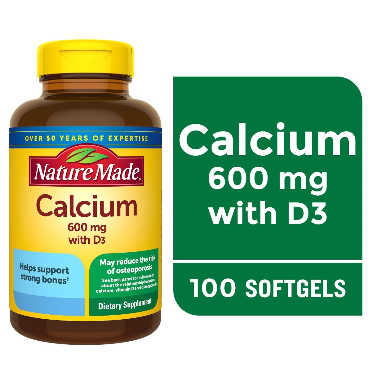 Nature Made Calcium 600mg Softgels with Vitamin D3 for Bone Support – 100ct