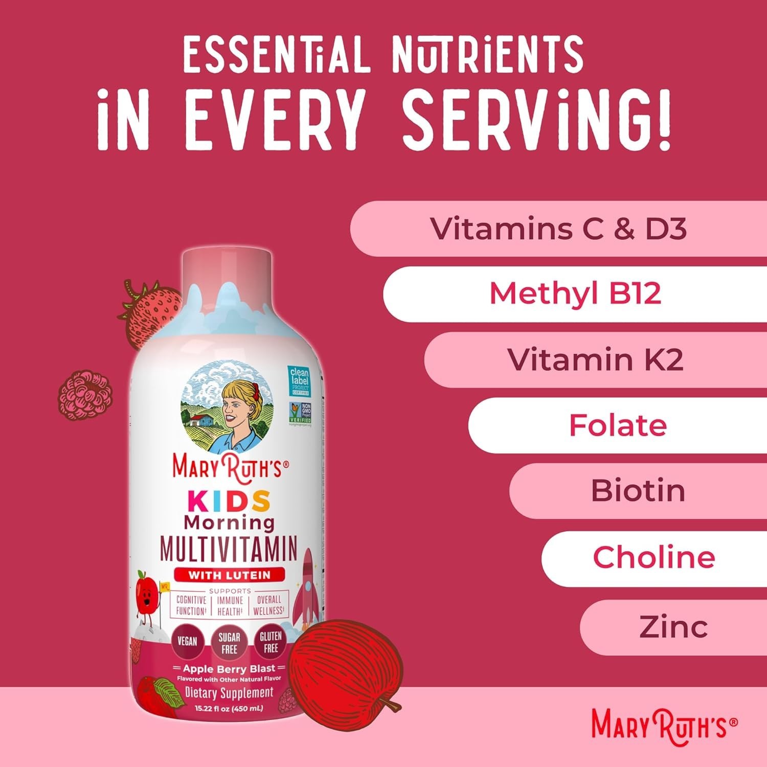 MaryRuth’s Kids Liquid Morning Multivitamin Apple Berry 15.22oz Vegan Sugar-Free