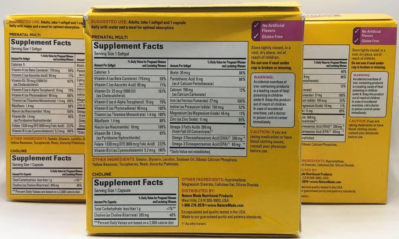 3PK Nature Made Prenatal Set ~ 60 Multi Soft Gels & 60 Choline Caps EA ~EXP 4/26