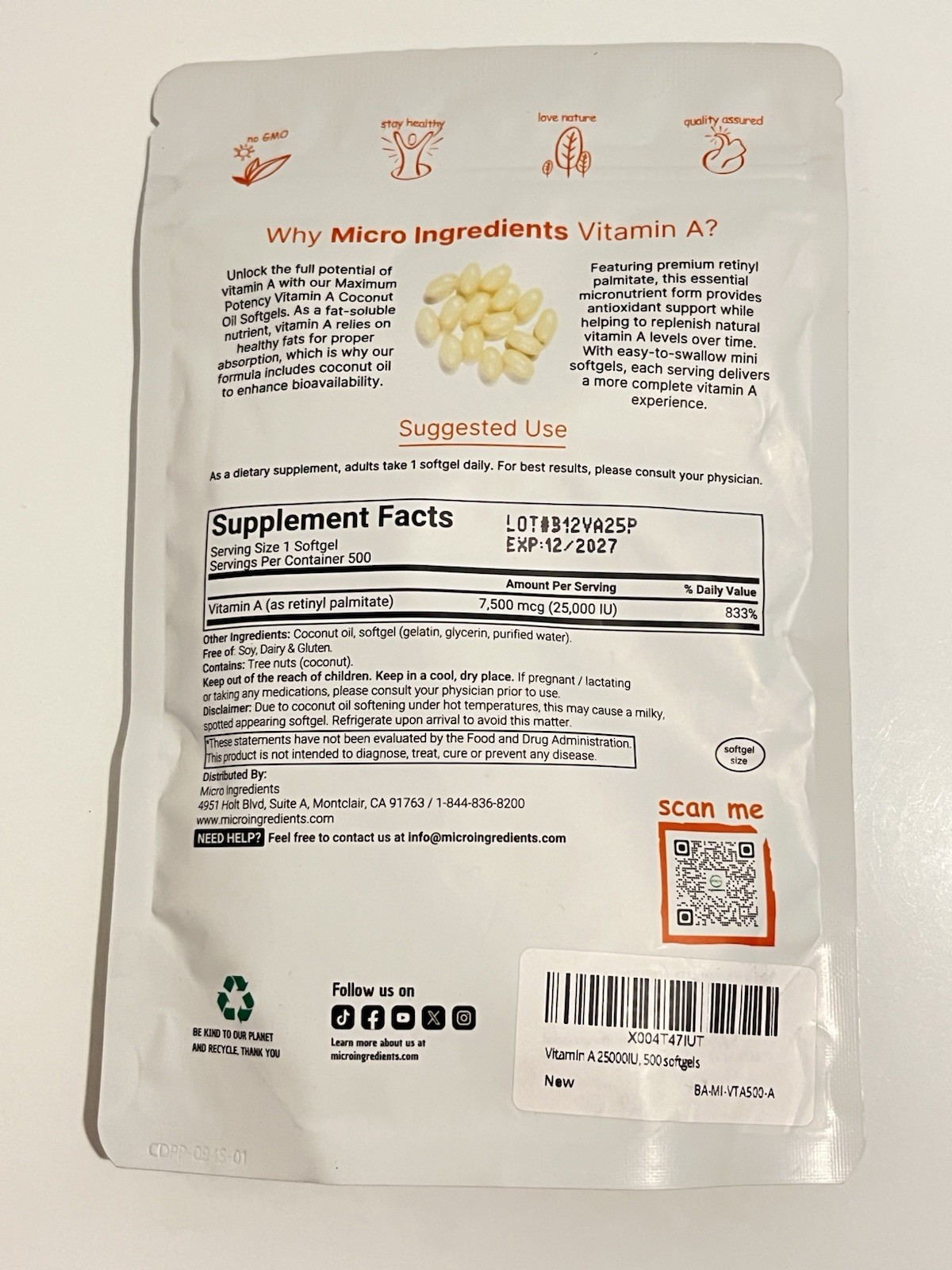 Micro Ingredients Vitamin A, 25000 IU with Coconut Oil, 500 Softgels Exp 12/2027