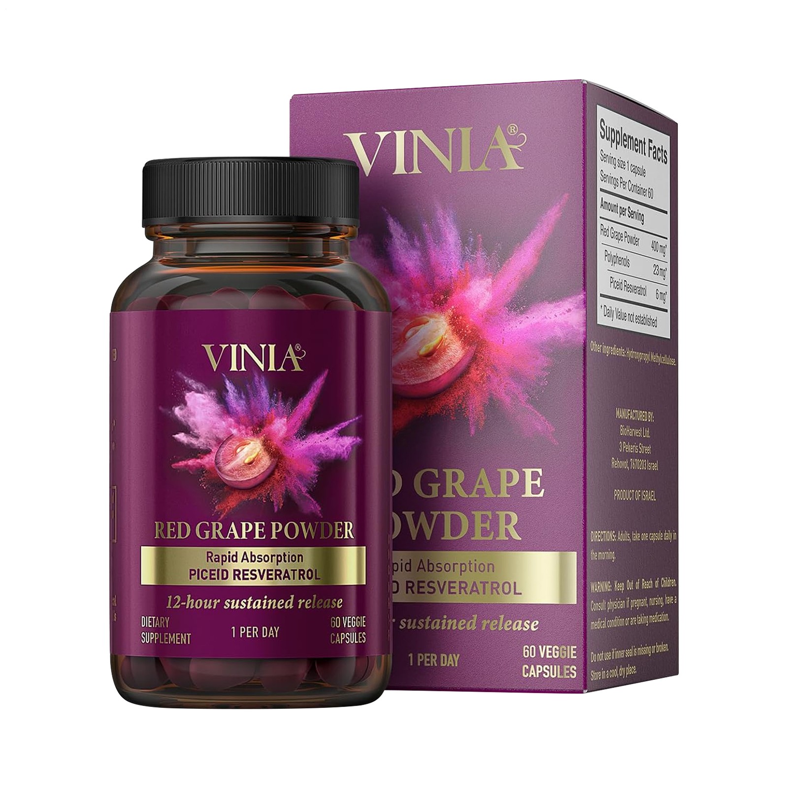 Vinia Red Grape Powder Rapid Absorbtion Piceid Resveratrol 30 Veggie Capsul New