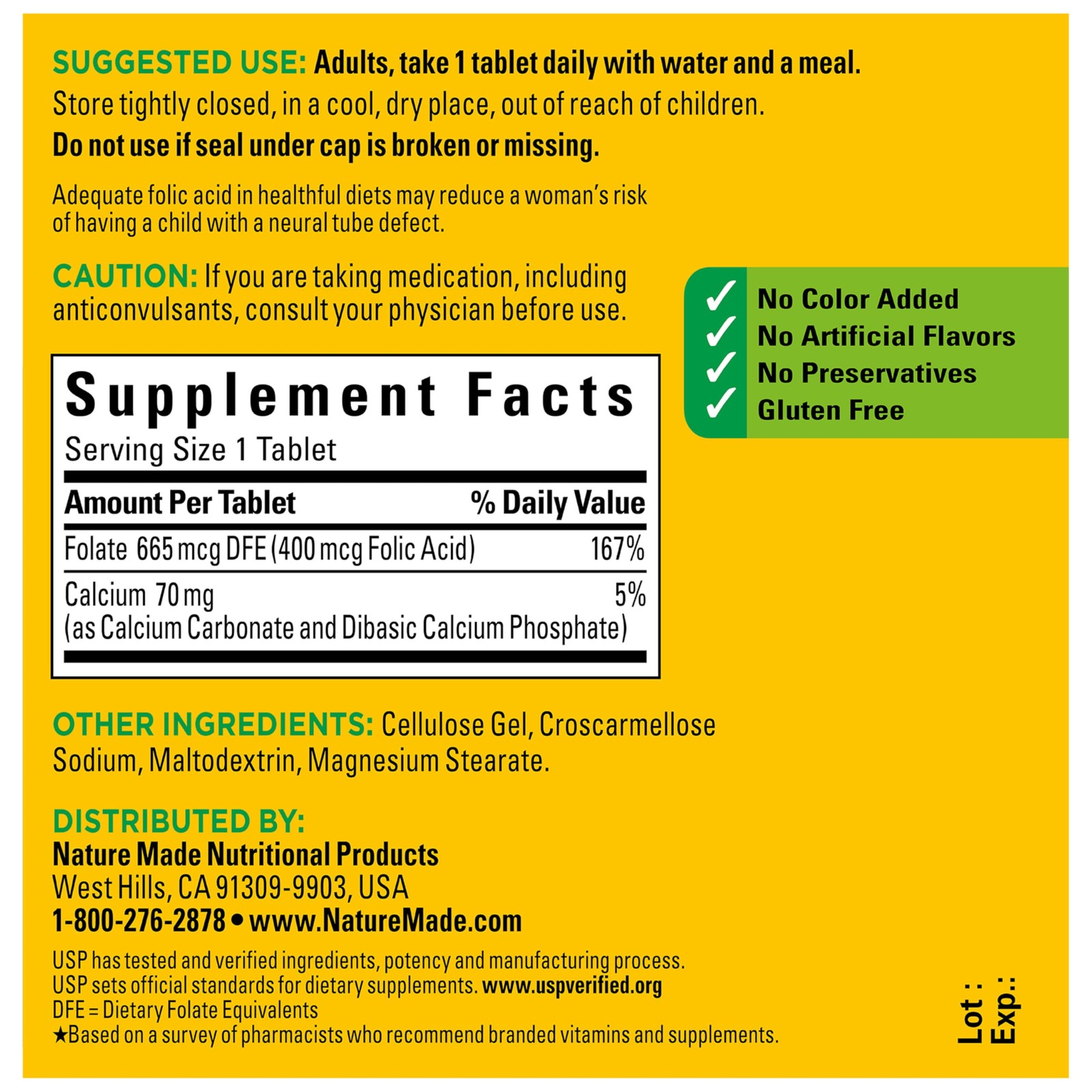 Nature Made Folic Acid 400 mcg (665 DFE) 250 Count (Pack of 1), White