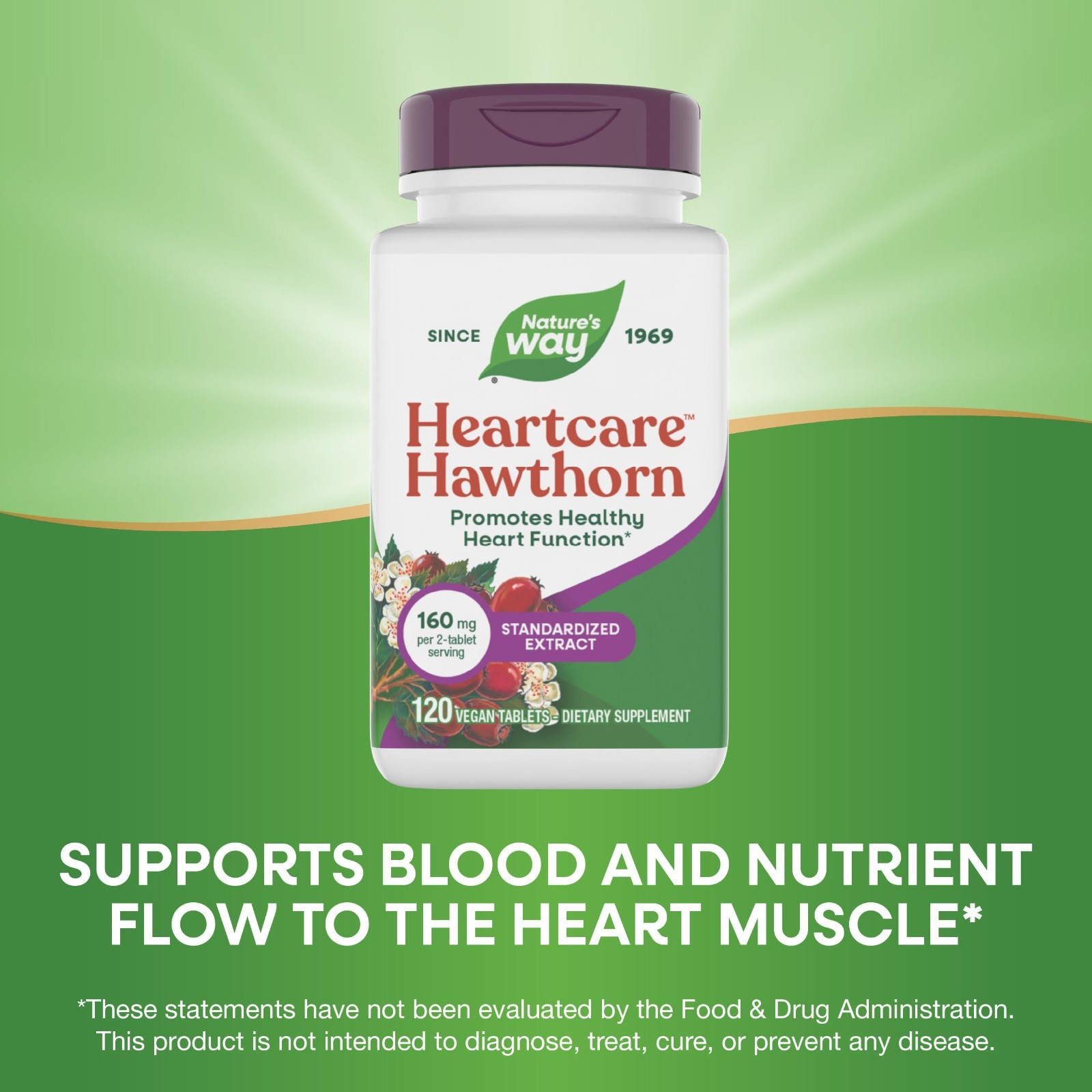 HeartCare Hawthorn Tablets 120 ct | 160 mg Standardized Extract | Vegan, Gluten-
