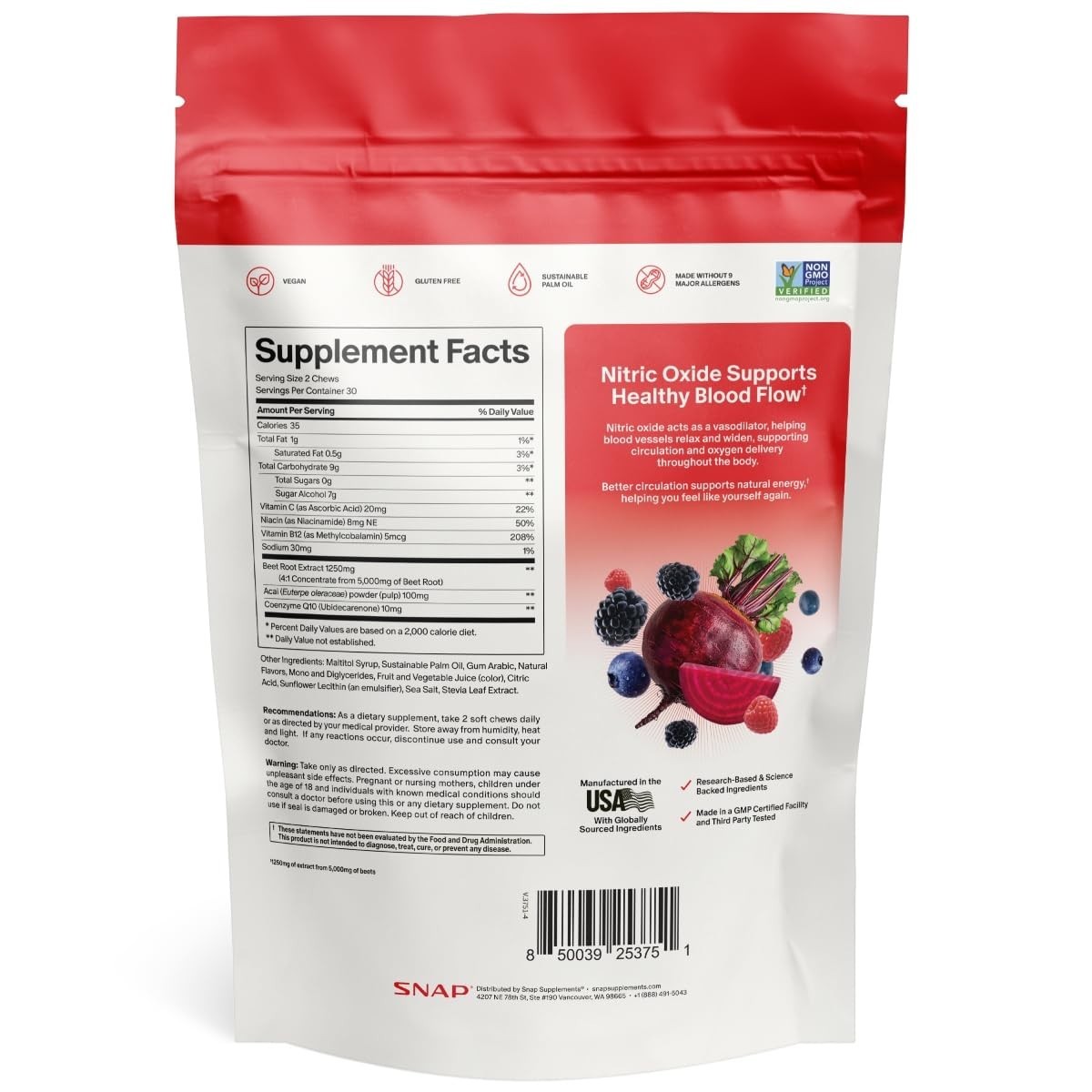 Nitric Oxide Beet Root Chews – 60 Sugar-Free Soft Chews, CoQ10 & Acai, Energy &