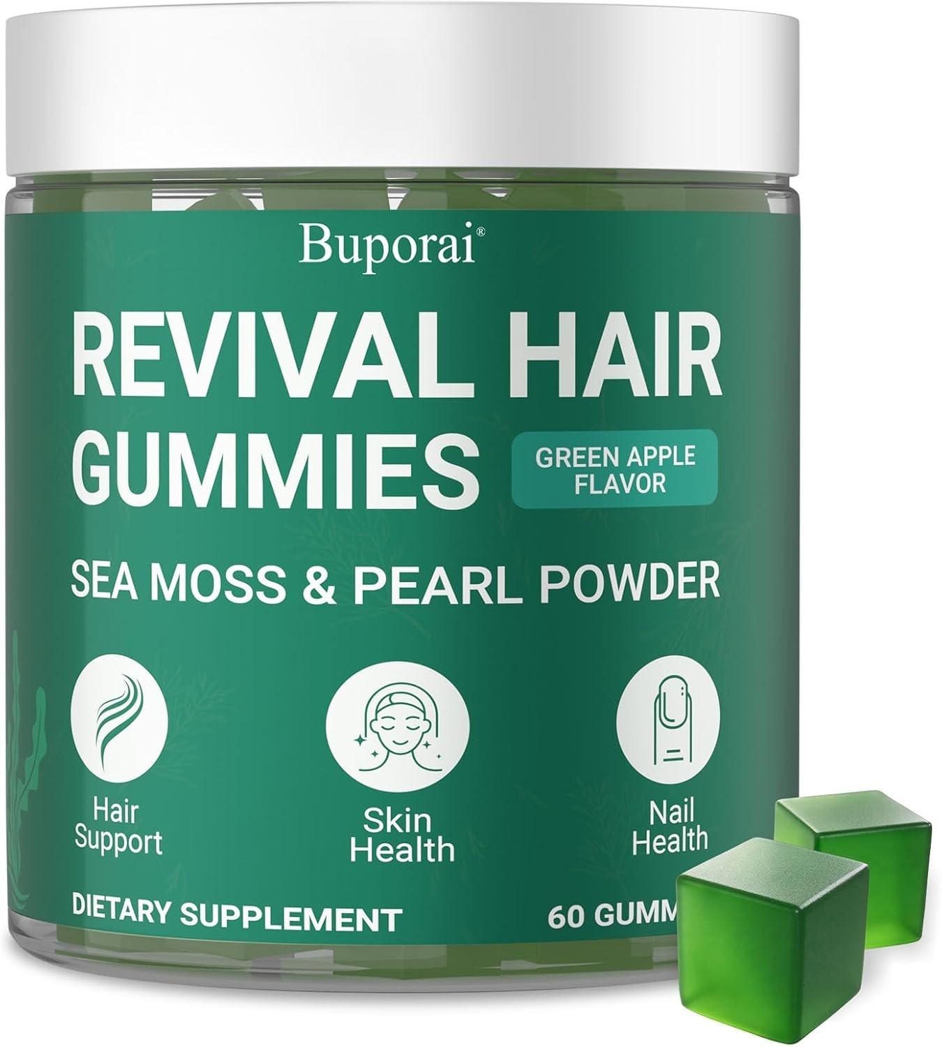 Hair Growth Gummies, Buporai Revival, Sea Moss Biotin with Pearl Powder, 60 Gums