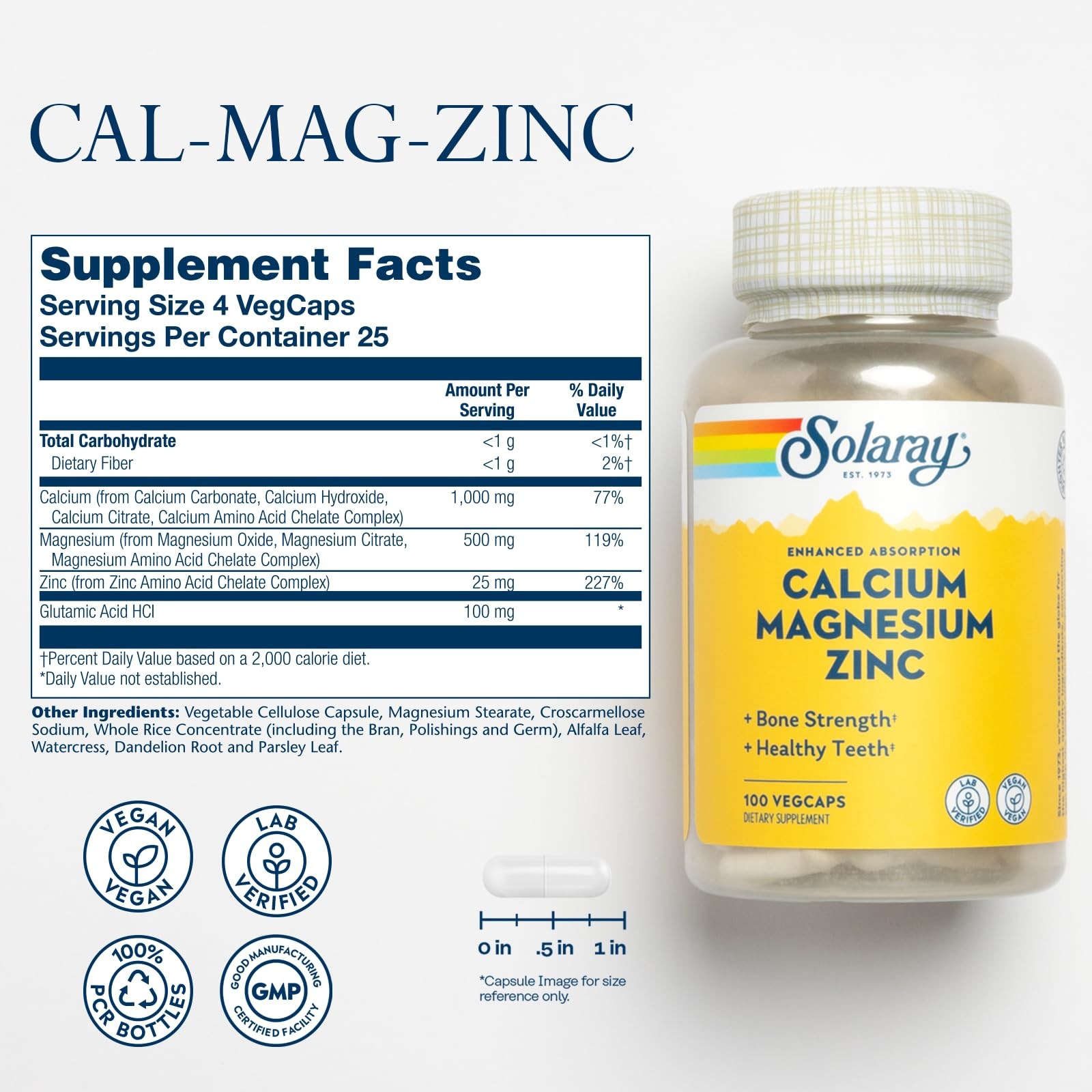 SOLARAY Calcium Magnesium Zinc Supplement – 100 Count (Pack of 1), No Color