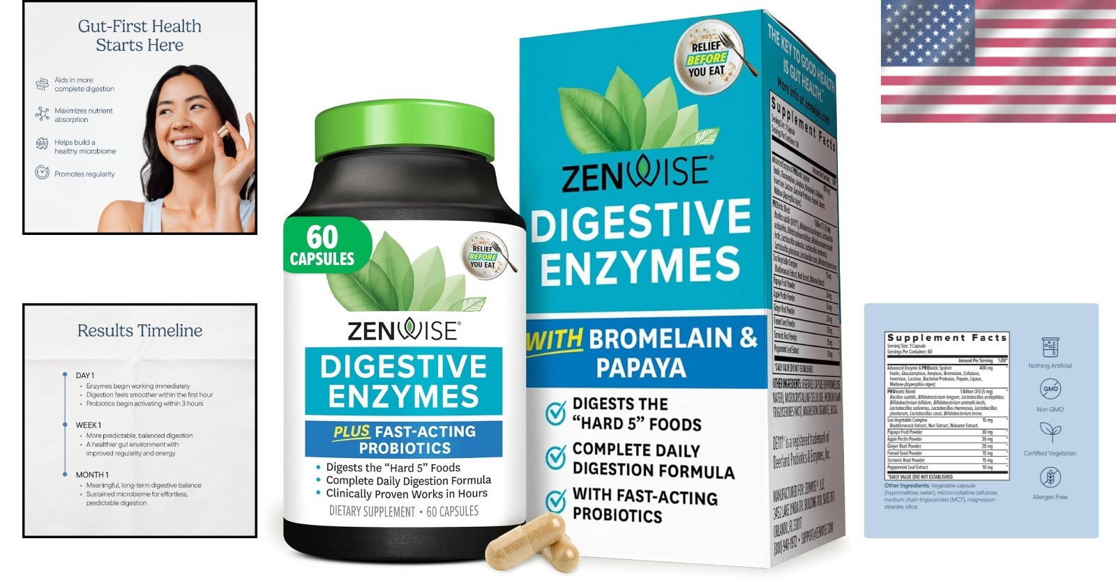 3-in-1 Digestive Health Supplement with Multi Enzymes & Probiotics – 60 Count