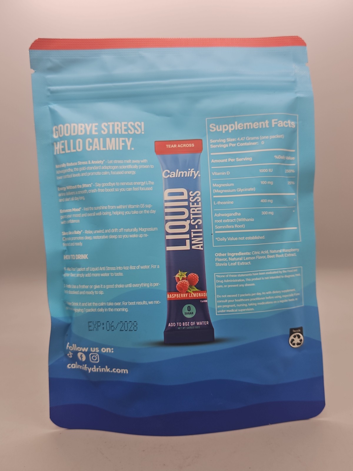 {D32} Calmify Liquid Anti Stress 10 Packets Zero Sugar Raspberry Lemonade NEW