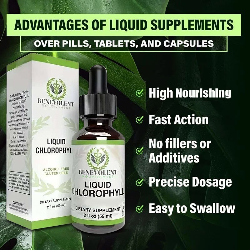 2 BOTTLES-Benevolent Nouris Chlorophyll Liquid Drops Detox, Internal Deodorizer