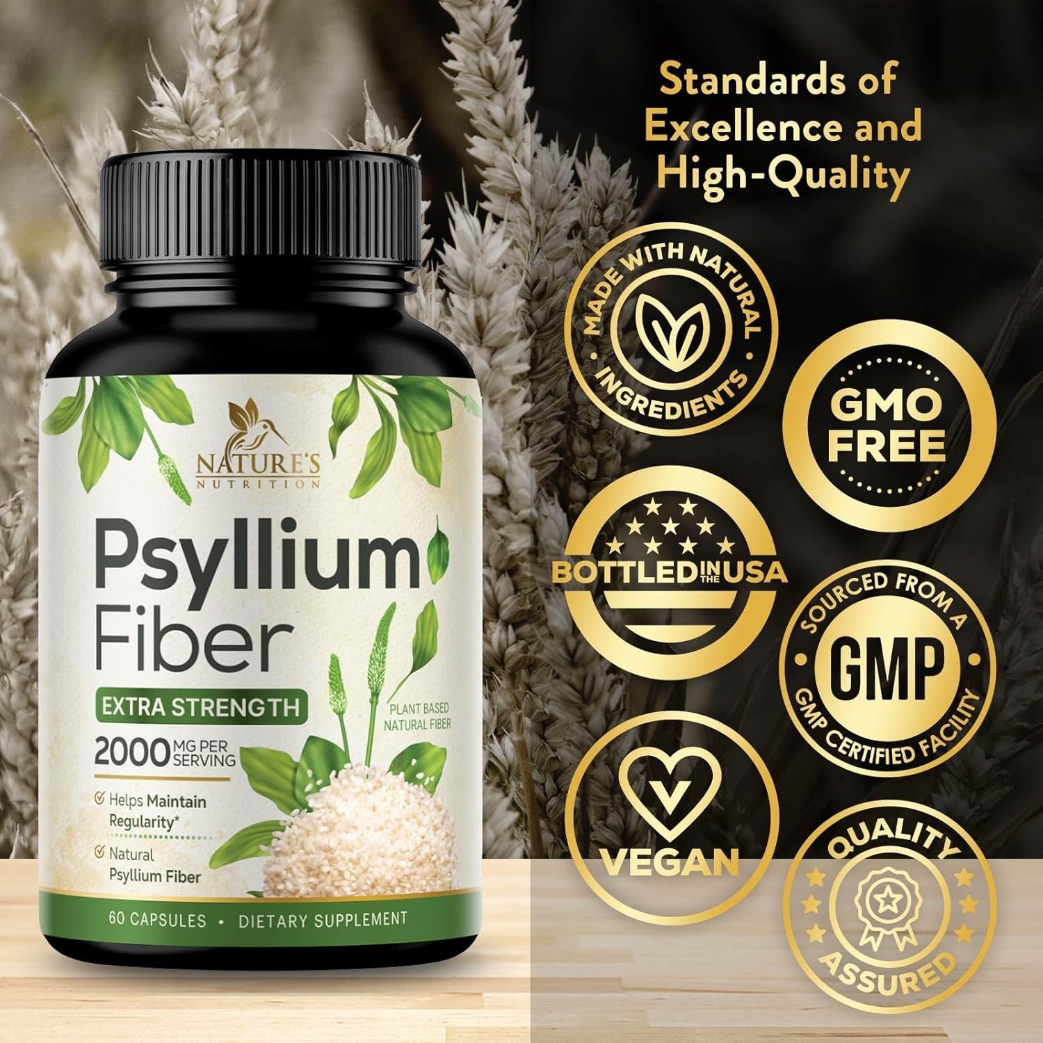 Psyllium Husk Fiber Supplement 1500Mg, Natural Daily Soluble & Insoluble Fiber P