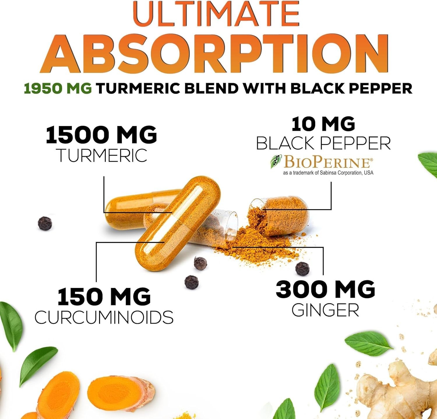 Turmeric Curcumin w/ Ginger & BioPerine Black Pepper – 1,950mg 95% Standardized